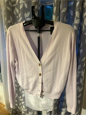 Ann Taylor Soft Pale Pink Ribbed V-Neck Cardigan with Gold Buttons